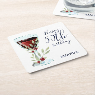 Dessous-de-verre Carré En Papier Aquarelle rouge Rose vin 50e fête d'anniversaire
