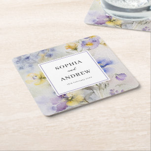 Dessous-de-verre Carré En Papier Aquarelle rustique Mariage violet et jaune