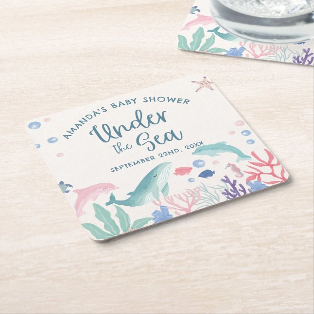 Dessous-de-verre Carré En Papier Aquarelle sous le Baby shower marin (Incliné)