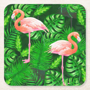 Dessous-de-verre Carré En Papier Aquarelle tropicale Flamant rose
