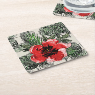 Dessous-de-verre Carré En Papier Aquarelle tropicale rouge et verte Florale