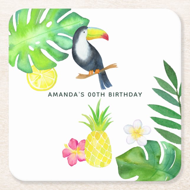 Dessous-de-verre Carré En Papier Aquarelle tropicale Toucan Anniversaire d'été (Devant)