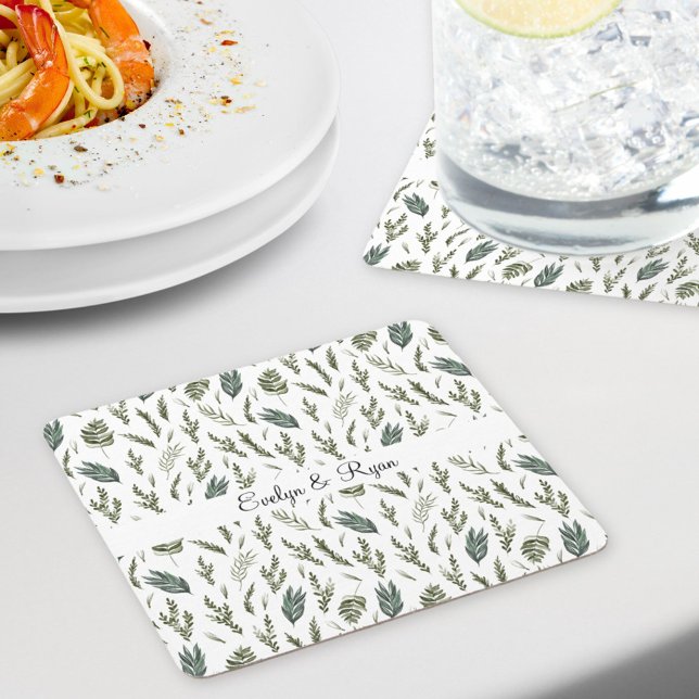 Dessous-de-verre Carré En Papier Aquarelle vert Feuille motif floral (In situ)