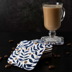 Dessous-de-verre Carré En Papier Aquarelles et baies - indigo et beige