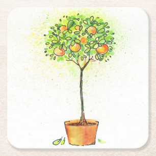Dessous-de-verre Carré En Papier Arbre d'agrume peint d'aquarelle dans le pot
