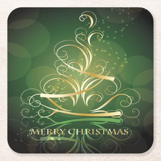 Dessous-de-verre Carré En Papier Arbre de Noël au ruban doré (Devant)