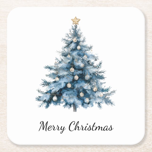 Dessous-de-verre Carré En Papier Arbre de Noël bleu hiver Gold Star (Devant)
