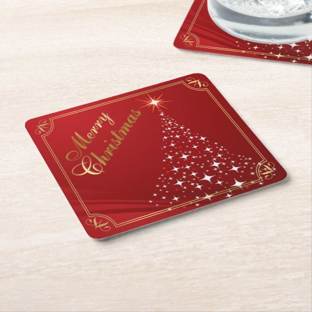 Dessous-de-verre Carré En Papier Arbre de Noël étincelant en rouge (Incliné)