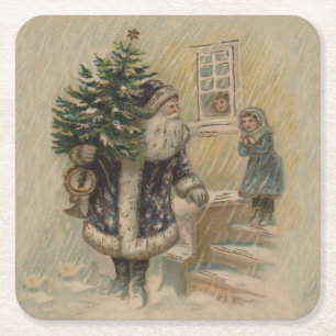 Dessous-de-verre Carré En Papier Arbre de Noël vintage Père Noël