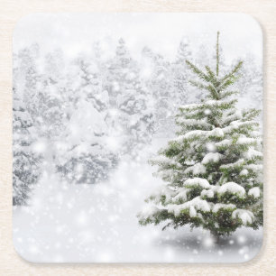 Dessous-de-verre Carré En Papier Arbre de sapin dans la neige épaisse