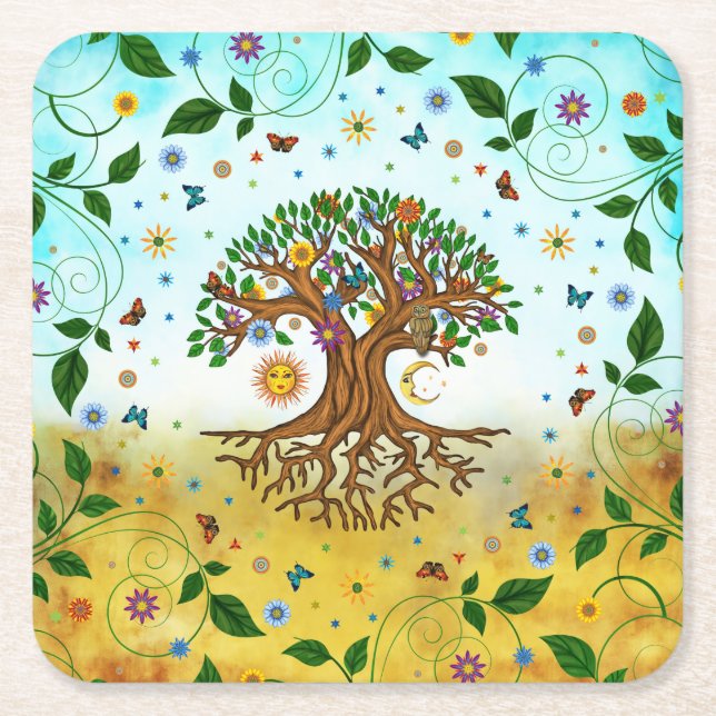 Dessous-de-verre Carré En Papier Arbre de vie lunaire - Yggdrasil (Devant)