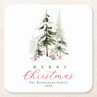 Dessous-de-verre Carré En Papier Arbres de pin aquarelle rustique Noël personnalisé