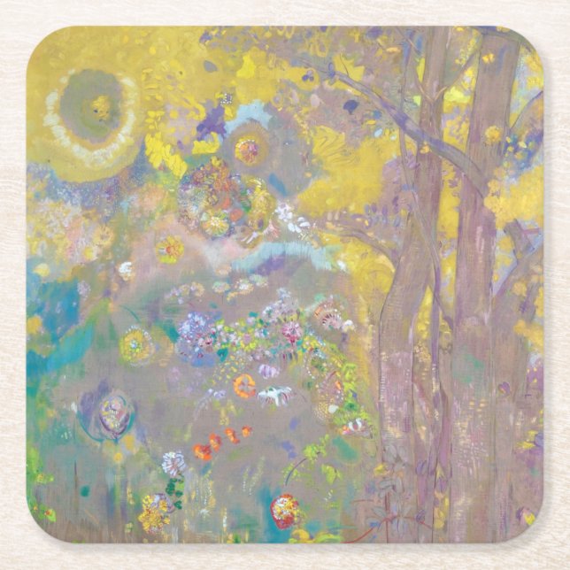 Dessous-de-verre Carré En Papier Arbres sur Arrière - plan Jaune, Redon (Devant)