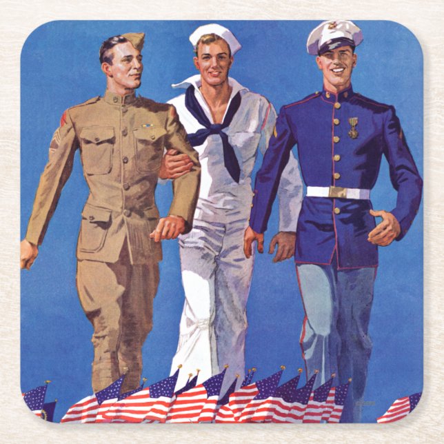 Dessous-de-verre Carré En Papier Armée, Marine et Marines (Devant)