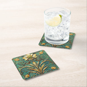 Dessous-de-verre Carré En Papier Art Déco Belle Lily Turquoise Vert Or