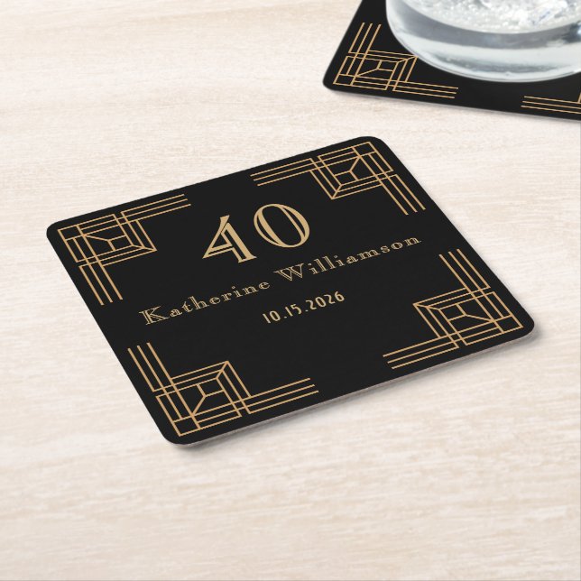Dessous-de-verre Carré En Papier Art Deco Birthday Black Gold Roaring 20's (Incliné)