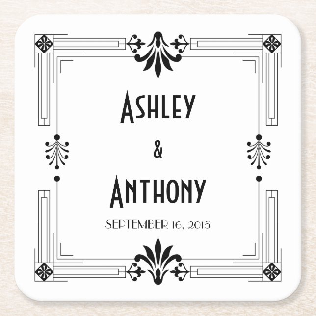 Dessous-de-verre Carré En Papier Art Déco Roaring 20s Bride Groom Date Mariage (Devant)