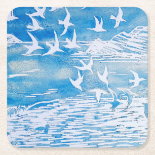 Dessous-de-verre Carré En Papier Art moderne d'aquarelle d'oiseaux bleus de côte