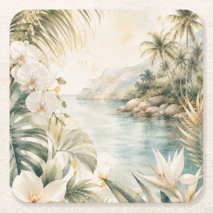 Dessous-de-verre Carré En Papier Art mural aquarelle tropical luxueux côtier