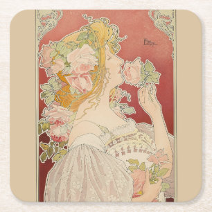 Dessous-de-verre Carré En Papier Art Nouveau Belle Époque Dame Roses Livemont