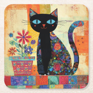 Dessous-de-verre Carré En Papier Art populaire de chat noir