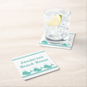 Dessous-de-verre Carré En Papier Artic Teal Blue Whale & waves Blue & White coastal