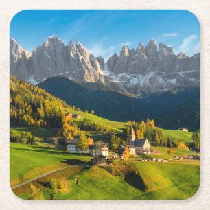 Dessous-de-verre Carré En Papier Automne dans un paysage de dolomites avec l'églis
