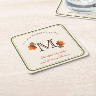 Dessous-de-verre Carré En Papier Autumn/Fall Feuilles Famille Monogramme Thankgivin