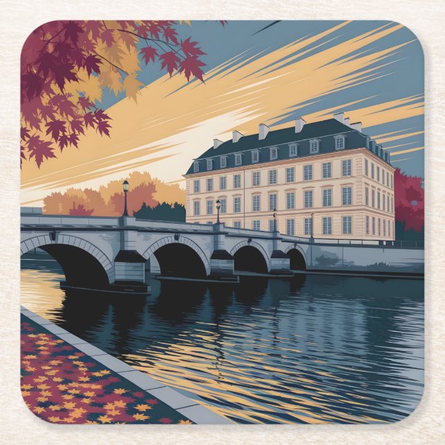 Dessous-de-verre Carré En Papier Autumn Riverside European City Illustration Art (Devant)