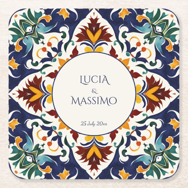 Dessous-de-verre Carré En Papier Azulejo Talavera bleu mariage méditerranéen faveur (Devant)