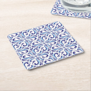 Dessous-de-verre Carré En Papier Azulejos Motif Floral Bleu