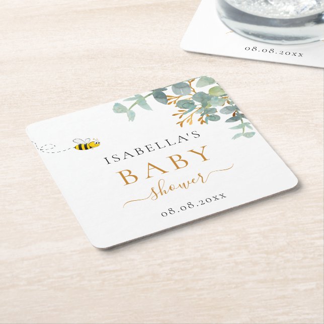 Dessous-de-verre Carré En Papier Baby shower abeilles eucaluptus (Incliné)