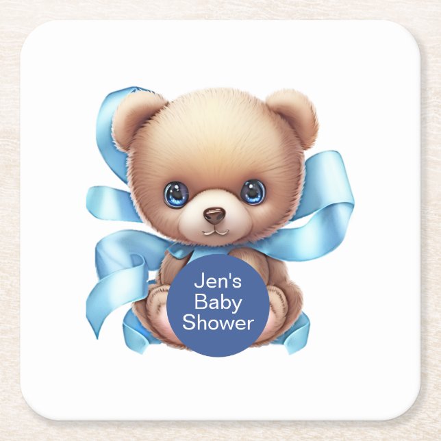Dessous-de-verre Carré En Papier Baby shower Bleu Teddy Bear (Devant)