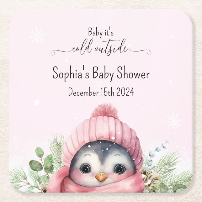 Dessous-de-verre Carré En Papier Baby shower d'hiver Pingouin Rose (Devant)