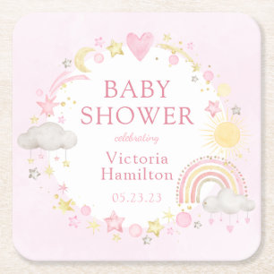 Dessous-de-verre Carré En Papier Baby Shower Fille Arc-en-Ciel Aquarelle