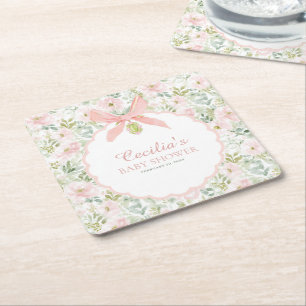 Dessous-de-verre Carré En Papier Baby Shower Fille Ruban Rose Floral Vintage