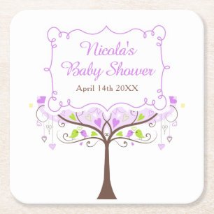 Dessous-de-verre Carré En Papier Baby Shower Fleur et Oiseau Violet et Vert
