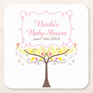 Dessous-de-verre Carré En Papier Baby Shower Fleur Oiseaux Rose Jaune