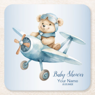 Dessous-de-verre Carré En Papier Baby shower mignonne ours bébé pilote avion bleu