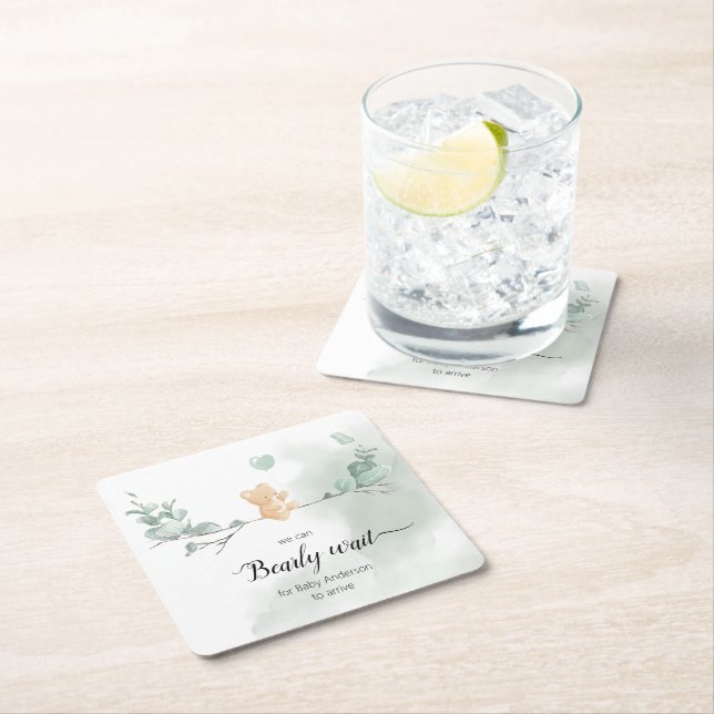 Dessous-de-verre Carré En Papier Baby shower Ours Eucalyptus (En situation)