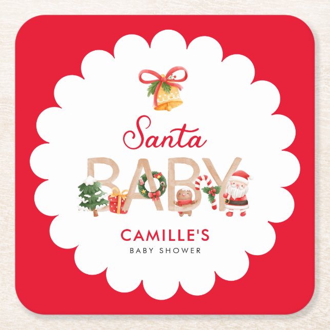 Dessous-de-verre Carré En Papier Baby shower Père Noël de Noël (Devant)