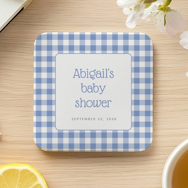 Dessous-de-verre Carré En Papier Baby-Shower pour Garçon au Vichy Bleu (Créateur téléchargé)