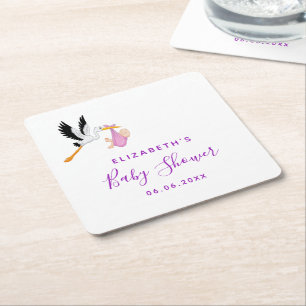 Dessous-de-verre Carré En Papier Baby shower rose violet cigogne blanche