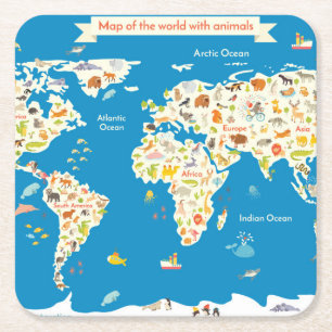 Dessous-de-verre Carré En Papier Badine la carte du monde avec des animaux