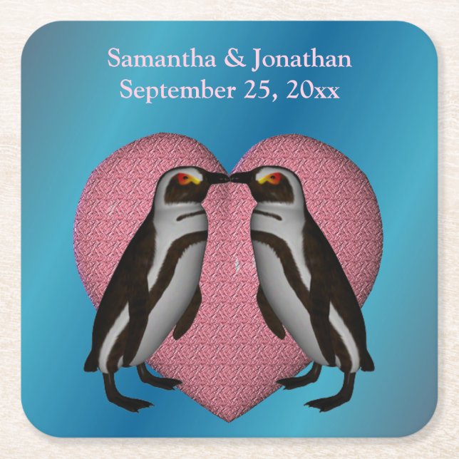 Dessous-de-verre Carré En Papier Baiser des pingouins mignon Mariage personnalisé (Devant)