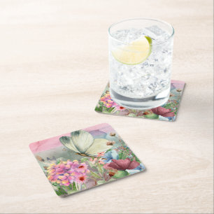 Dessous-de-verre Carré En Papier Baisers aux papillons colorés entre Fleurs sauvage