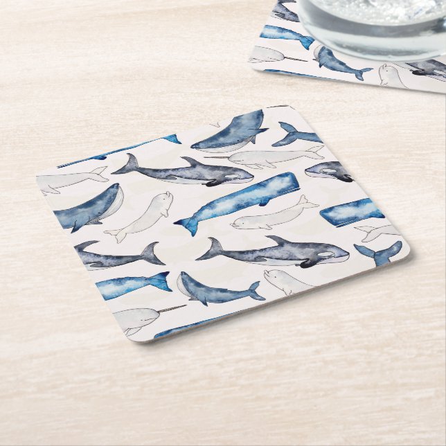 Dessous-de-verre Carré En Papier Baleines aquarelles (Incliné)