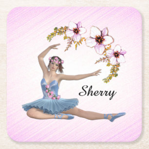 Dessous-de-verre Carré En Papier Ballerina en bleu Nom personnel rose