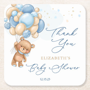 Dessous-de-verre Carré En Papier Ballons Bleus Teddy Bear Baby shower Merci