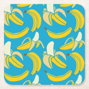 Dessous-de-verre Carré En Papier Bananes jaunes, motif arrière - plan bleu